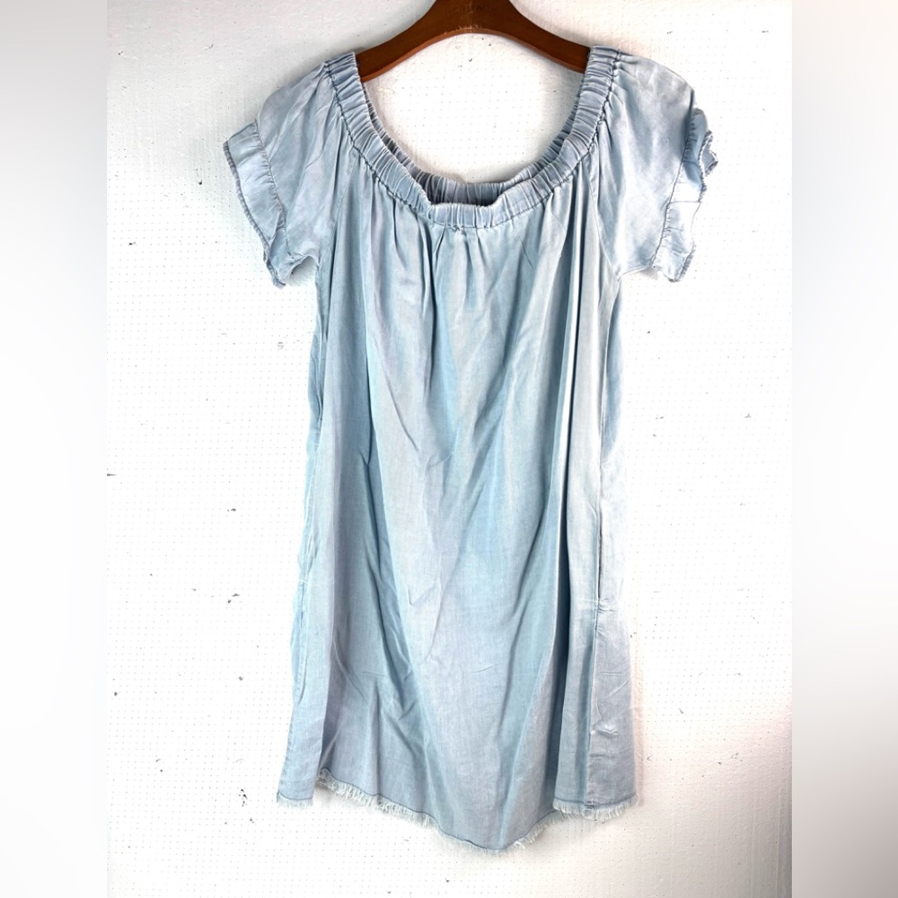 Hem & Thread S Chambray Puff Sleeve Raw Edge Hem Pocketed Peasant Mini Dress